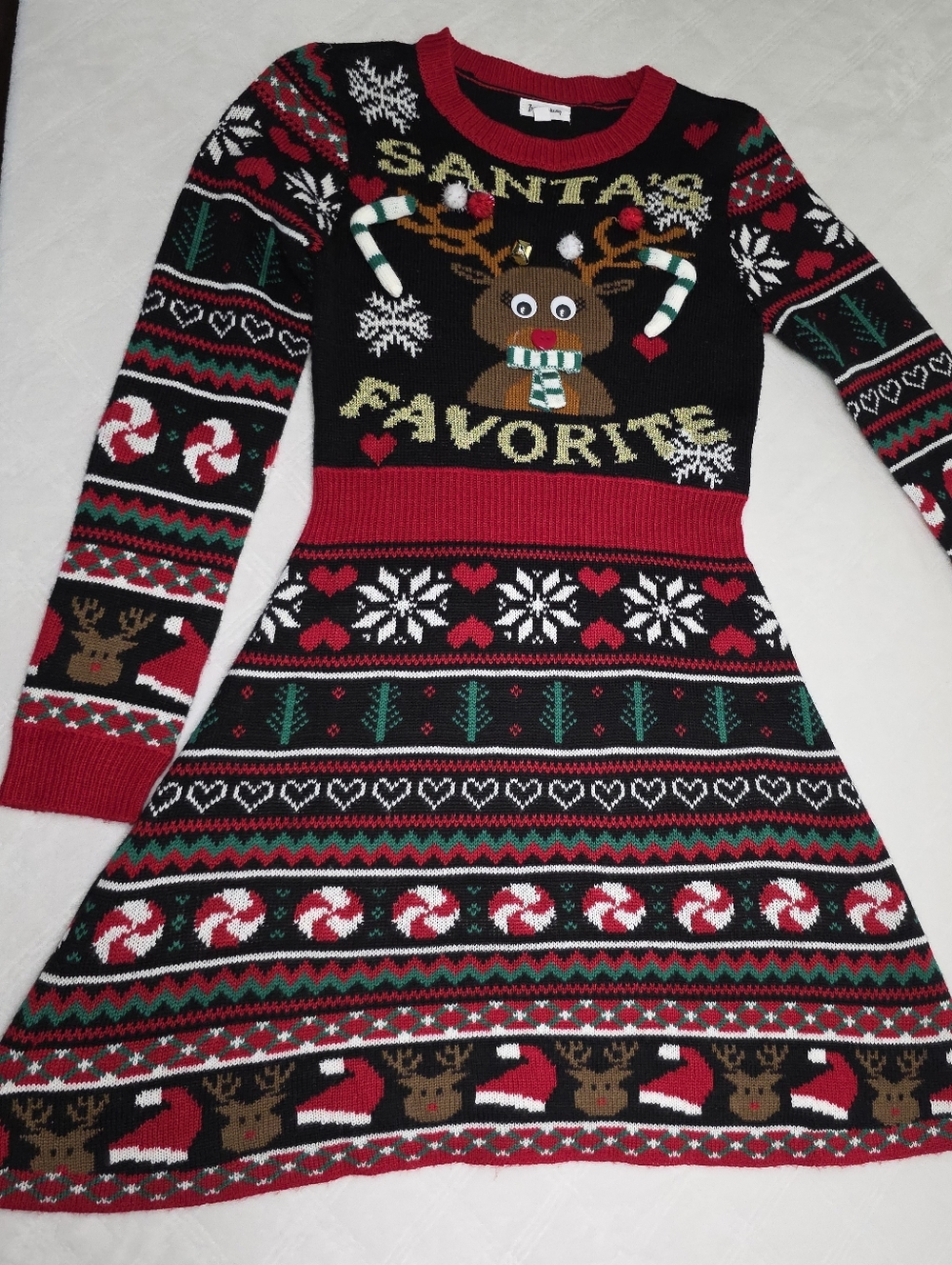 Kids Red and Black Holiday Reindeer Sweater Dress